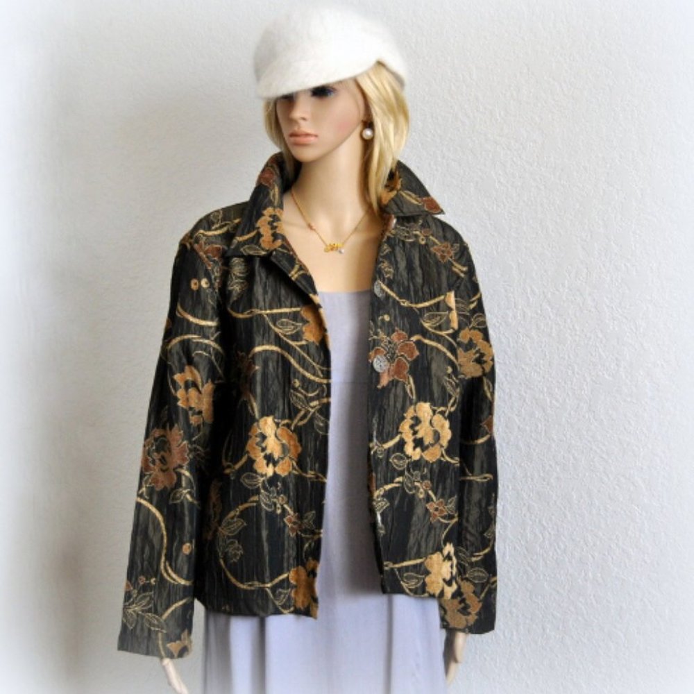 Vintage Brocart Jacket 1970s Blazer Gold ornate Olive Brown Yellow